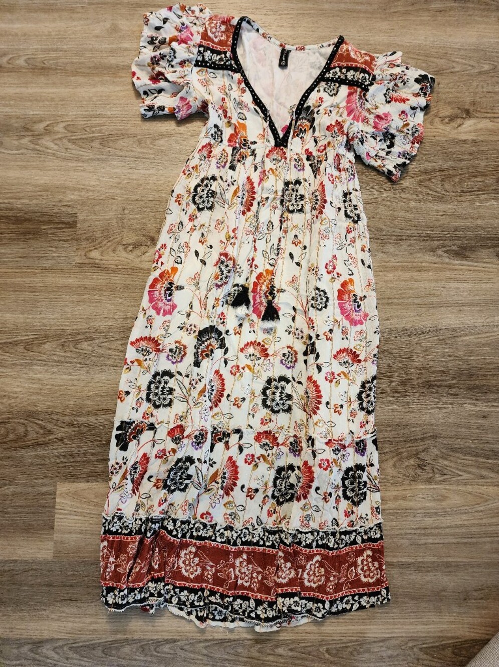 Cream Floral Maxi Dress with Pink and Orange Accents